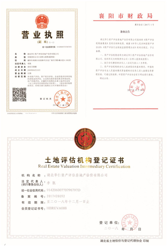 華仁資產(chǎn)評(píng)估房地產(chǎn)估價(jià)有限公司營(yíng)業(yè)執(zhí)照、資產(chǎn)評(píng)估備案公告、土地評(píng)估機(jī)構(gòu)登記證書.jpg